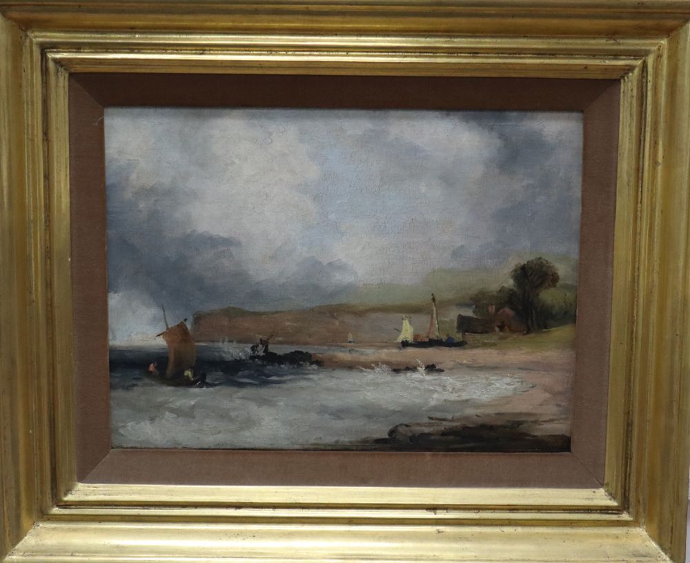 19th century English School, oil on wooden panel, Coastal landscape sketch, 30 x 40cm